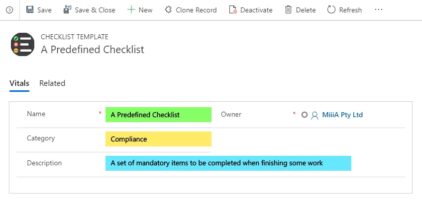 Checklist Template form