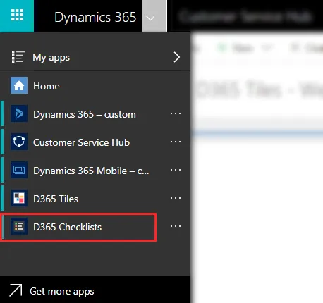 App Switcher showing D365 Checklists