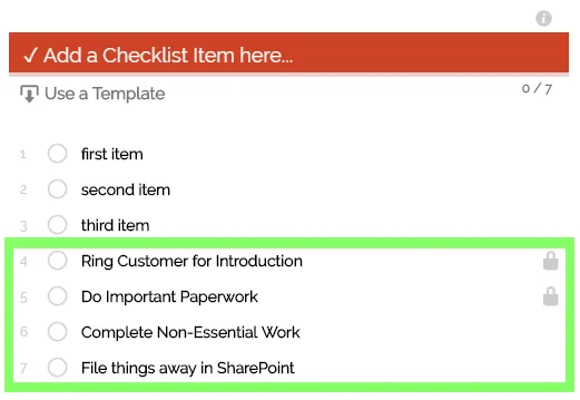 Template items added to the checklist