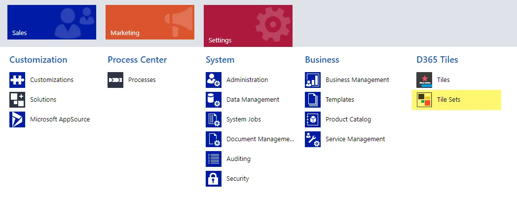 Settings menu showing D365 Tile Sets